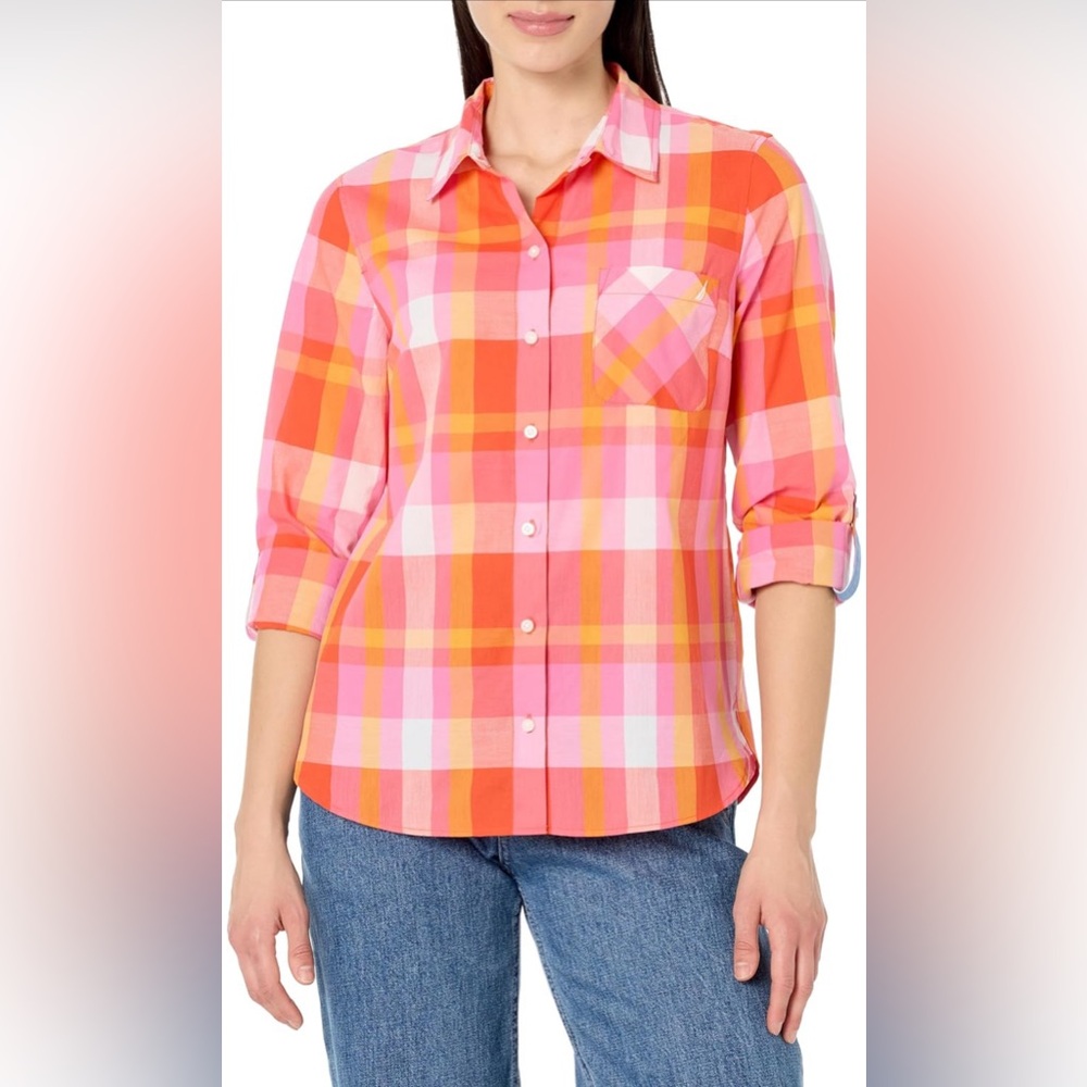 Nautica Women's Button Front Long Sleeve Roll Tab Shirt